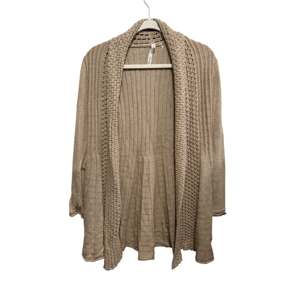 NY Collection Cardigan Sweater Womens PM Petite Tan Beige Open‎ Front Ribbed